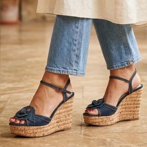 Chanel Denim Wedge Sandals